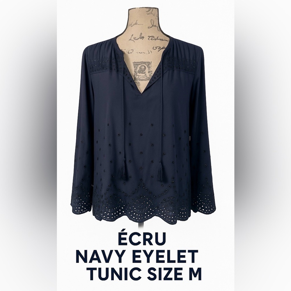 Ecru Navy Eyelet Embroidered Tunic Top Size M Boho Scalloped Hem